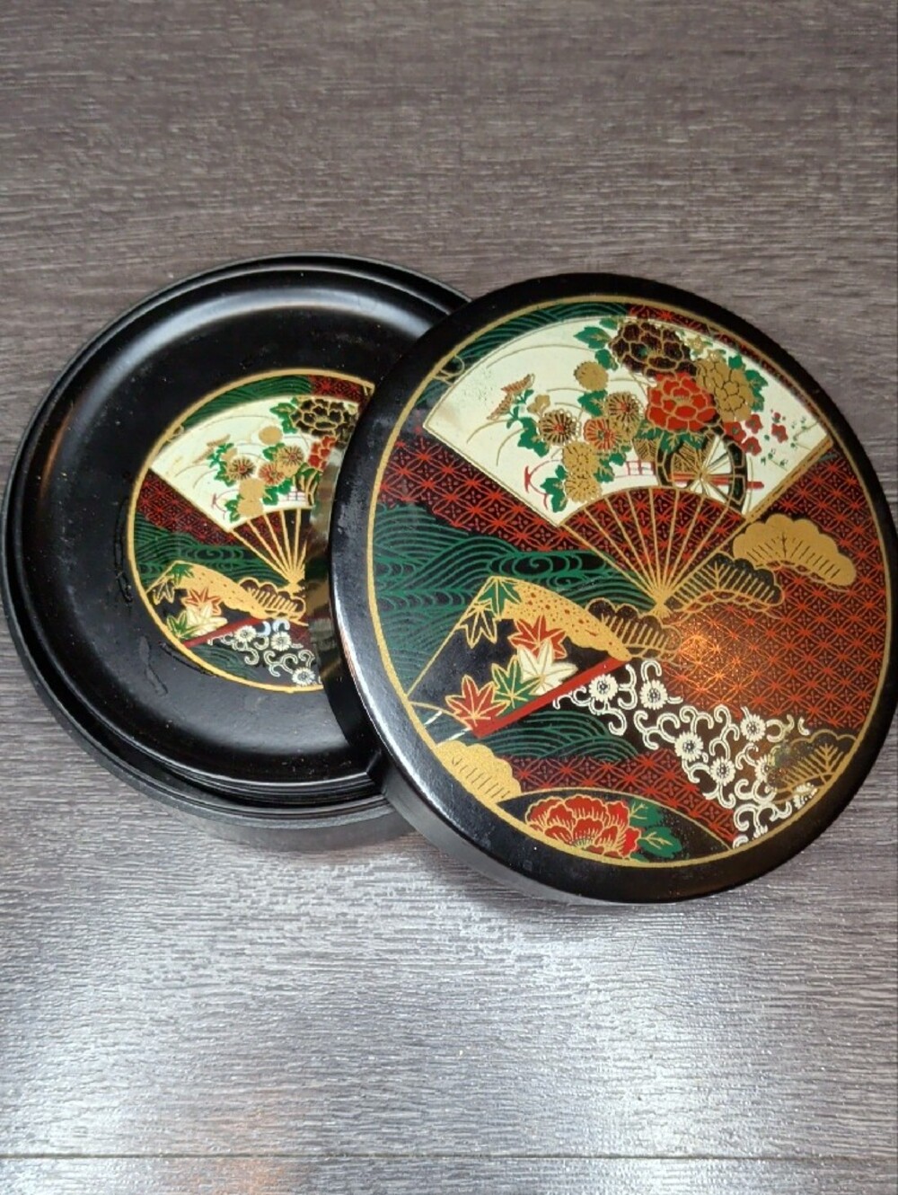 Vintage Black Lacquer Fan Motif Coaster Set with Decorative Box Otagiri Japan